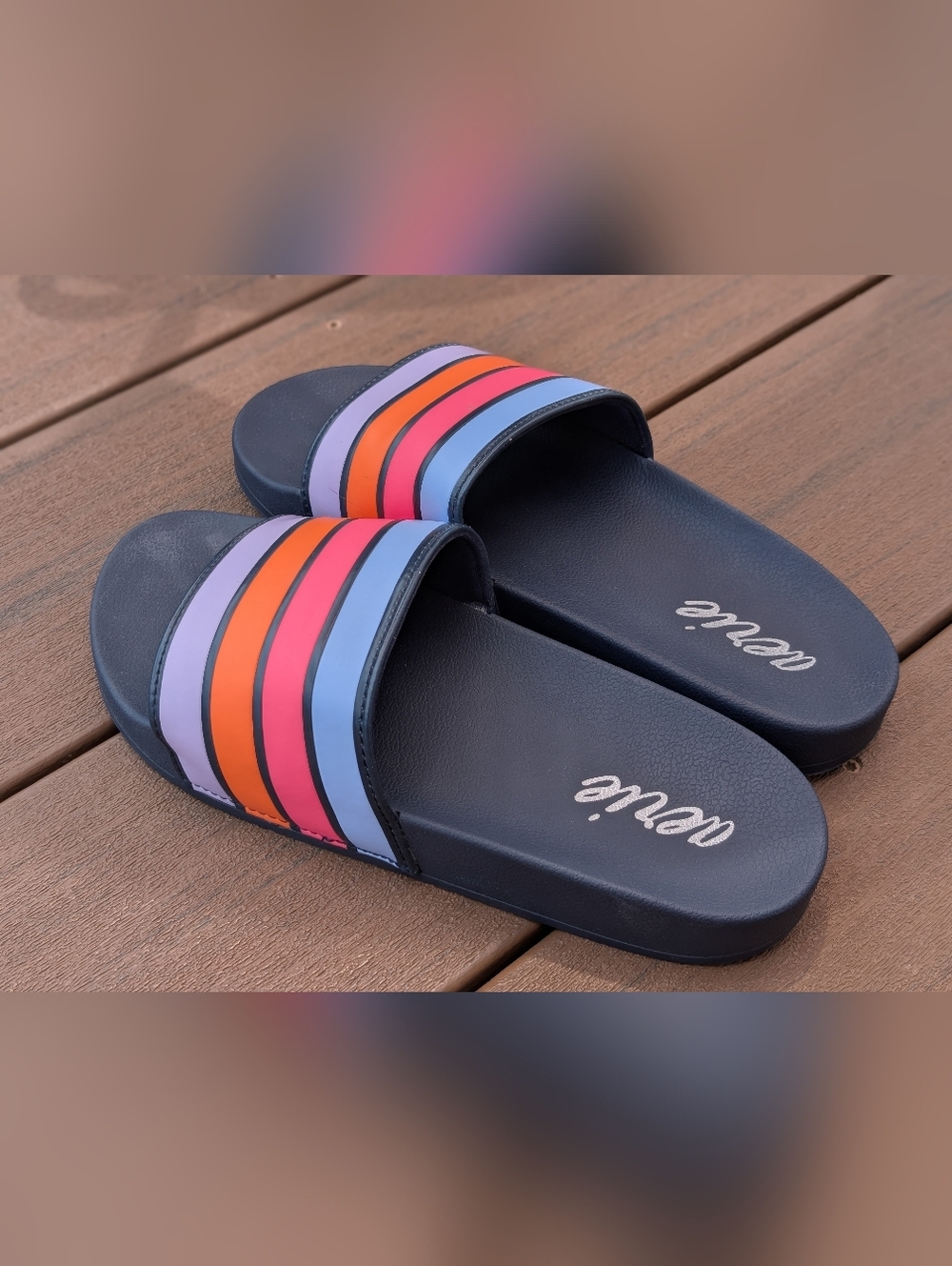 Aerie Navy Women's Slide Sandals with Multicolor Striped Strap Size 7